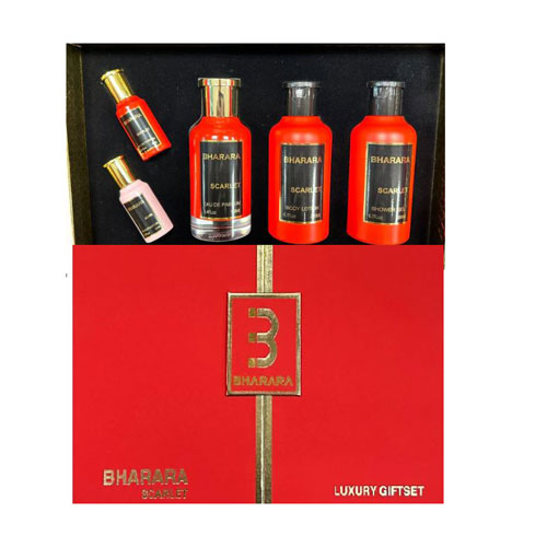 SET BHARARA SCARLET WOMEN ( 5 PC ) 3.4 OZ EDP SP / 6.7 OZ BL / 6.7 OZ SG /0.34 OZ EDP X 2
