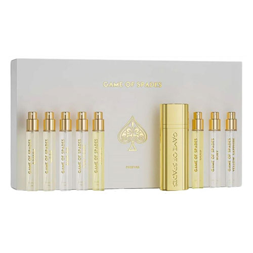 SET JO MILANO GAME OF SPADES PARFUM COFFRET II ( 9 PC )BOSTON ,MOON,BLIND-BID,FULL-HOUSE,HIGH ROLLER,DIAMOND,GOLD,RUBY,YELLOW SAPPHIRE 0.34 OZ