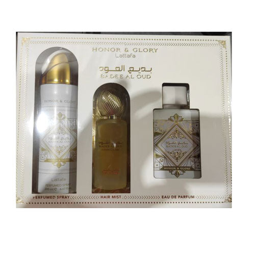 SET LATTAFA BADEE AL OUD HONOR AND GLORY( 3 PC )3.4 OZ EDP / 6.7 OZ DEO  / 1.7 OZ HAIRMIST