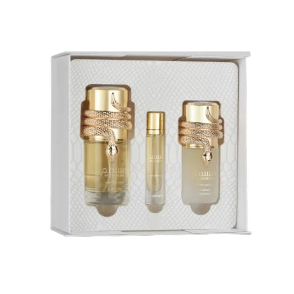 SET LATTAFA MUSAMAM WHITE INTENSE UNISEX (3 PC)3.4 OZ EDP \0.40OZ TRAVEL \1.7 HAIRMIST